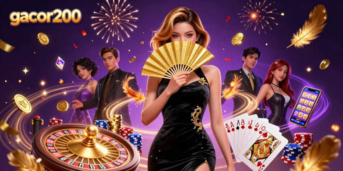 Experience the thrills of gacor200 with stunning visuals of a captivating casino scene filled with gold coins and poker chips.