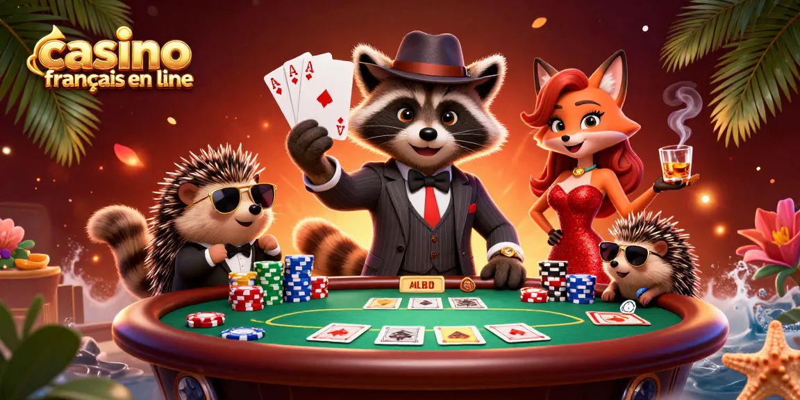 Vivez l'excitation du casino francais en ligne avec un raton laveur élégant et ses amis autour d'une table de poker.