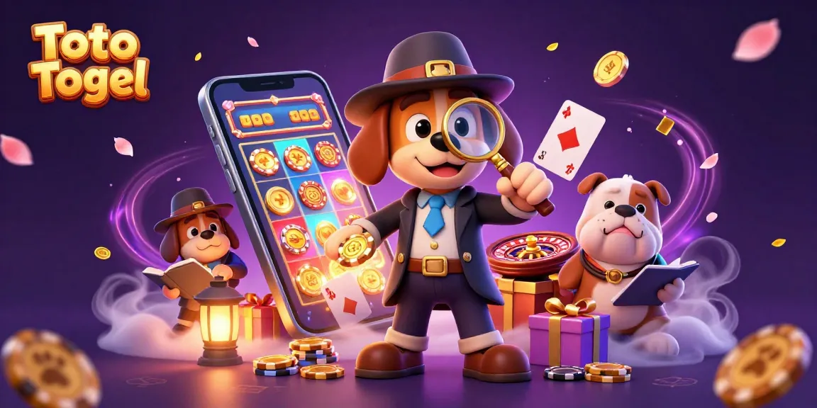 Toto Togel characters investigate a golden chip clue amidst vibrant casino elements.