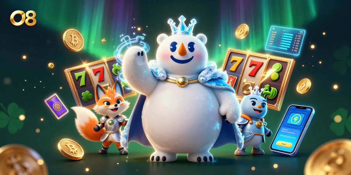 Spin the reels with O8, surrounded by vibrant slot symbols and cryptocurrency elements, highlighting exciting jackpots.