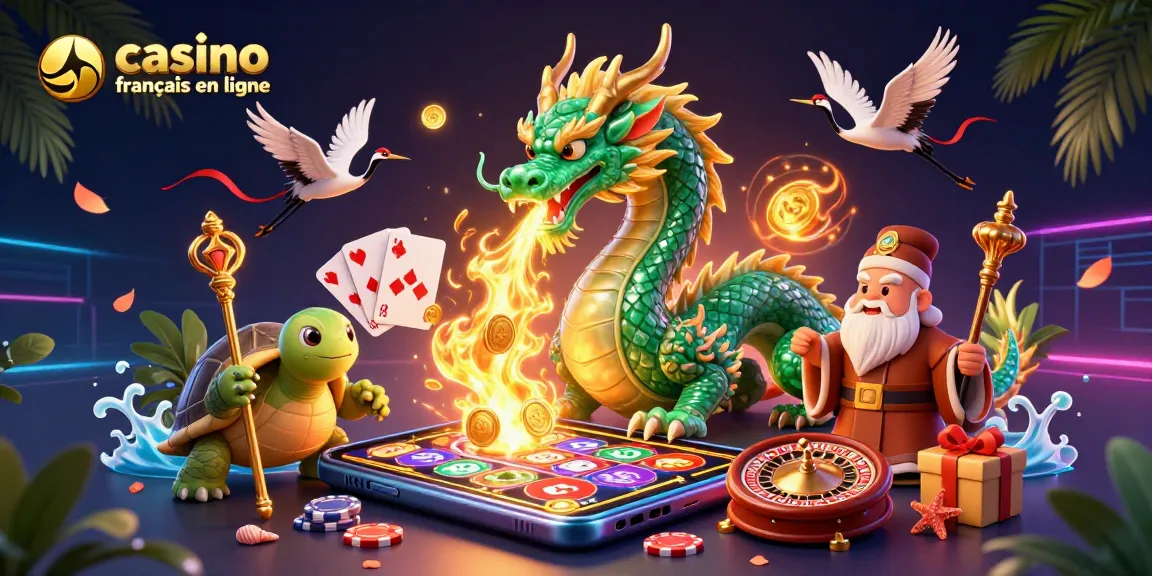 Plongez dans le monde vibrant du casino français en ligne avec un dragon éblouissant et des éléments de jeu.