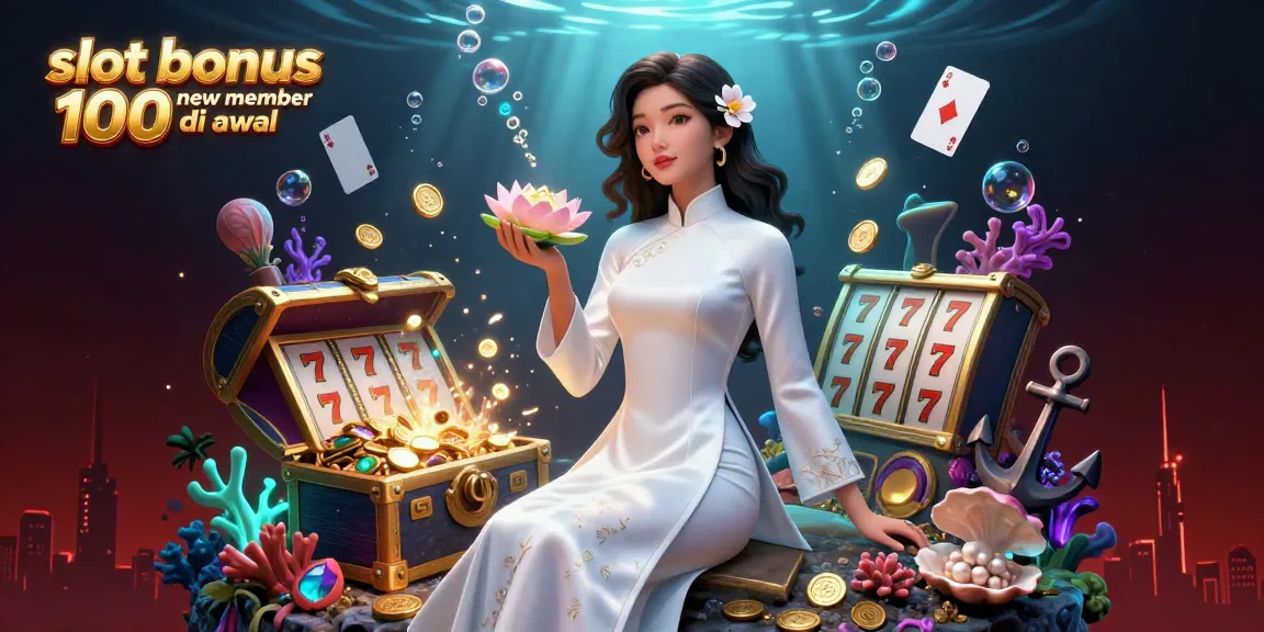 Win big with slot bonus new member 100 di awal in a vibrant casino scene featuring slot reels and gold treasures.