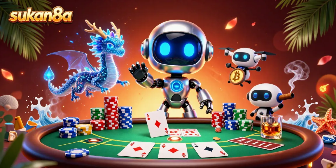 Engage in unforgettable poker games with sukan8a's vibrant cartoon casino scene.