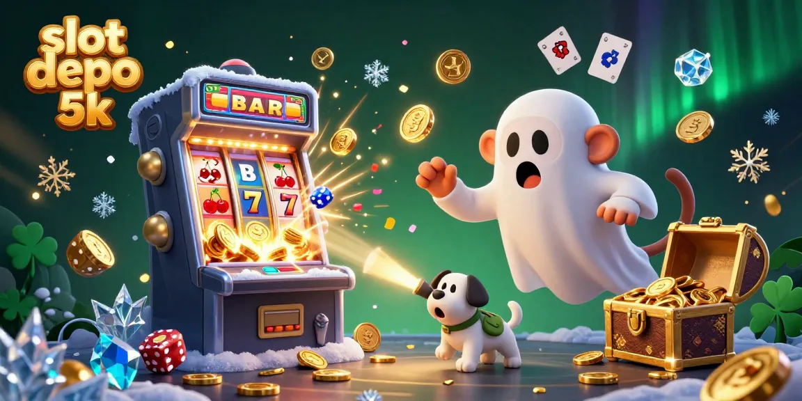 Experience winning moments with slot depo 5k showcasing a playful monkey and ghost-hunter puppy in a lively casino setting.