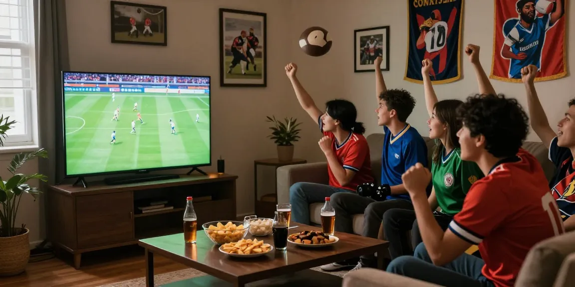 Friends cheering while watching kora live football match in a cozy room with snacks.